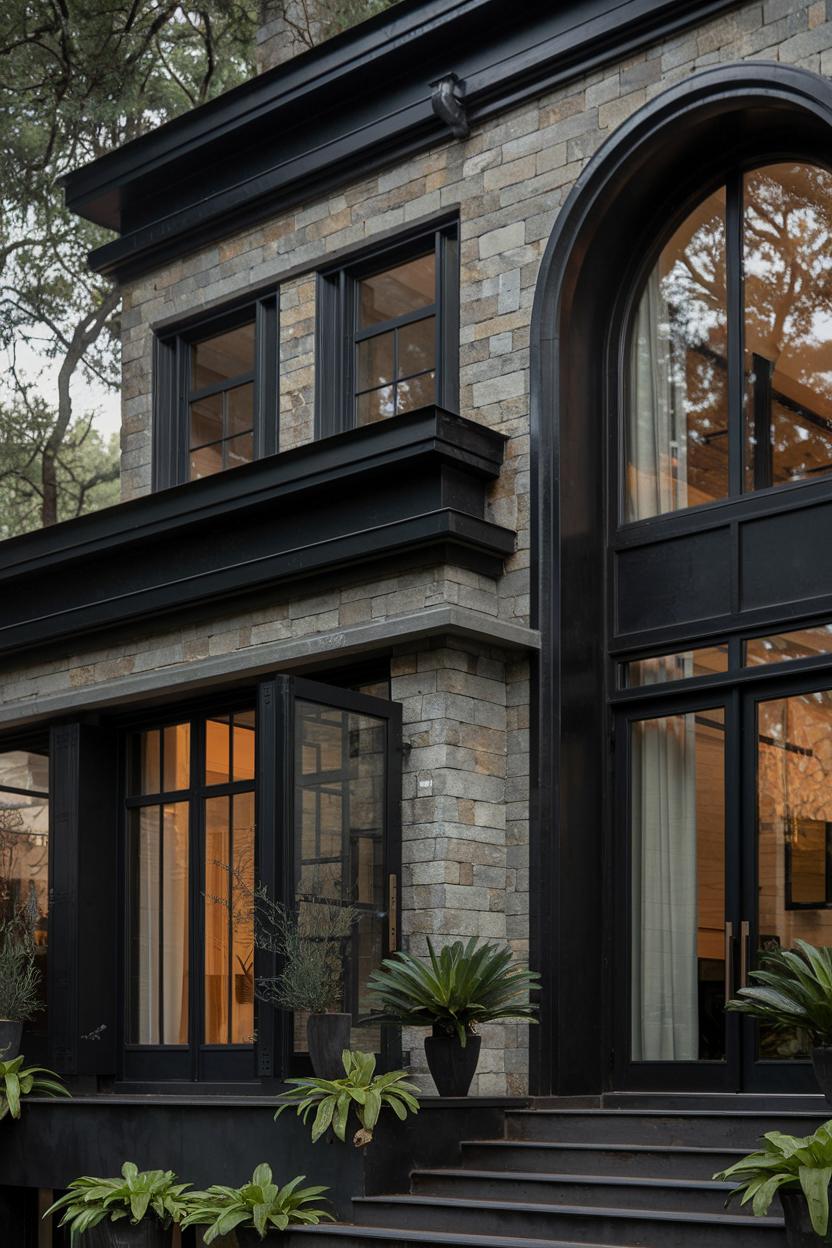 Modern black house with stone facade and large windows