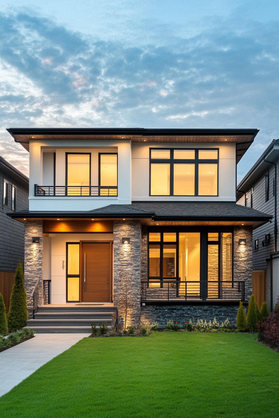 Modern two-story house with large windows and stone accents