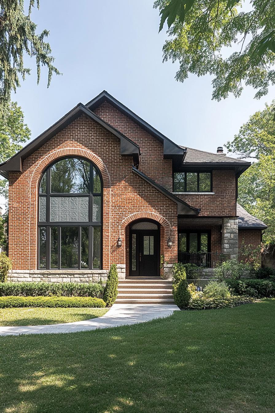 Cozy red brick house with large arched window