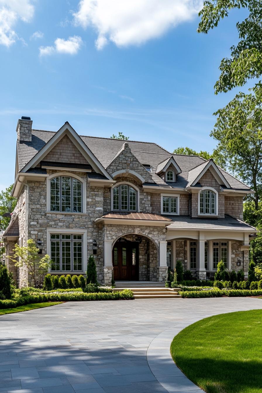 Spacious stone house with a lush green lawn