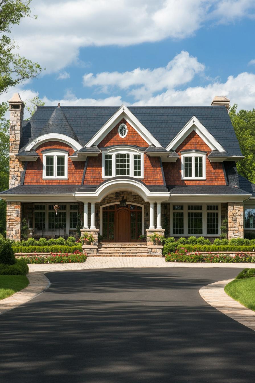 Elegant house with stone and wood facade, lush garden, and circular driveway