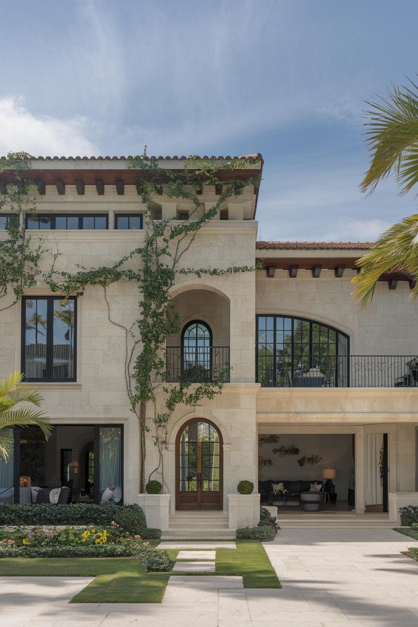 Luxurious stone villa with arched windows and lush greenery