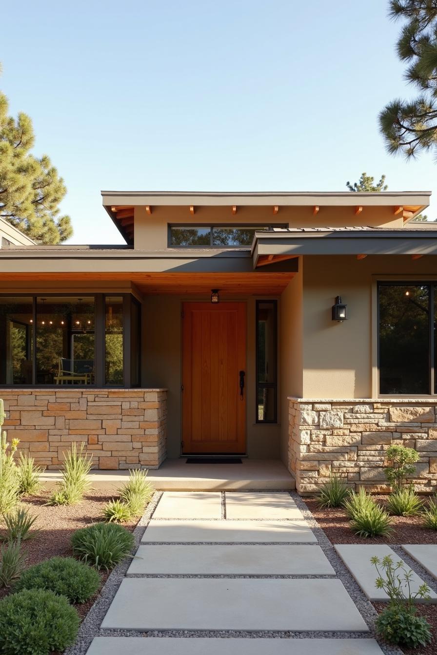 Mid-century ranch house entrance with brick and wood elements