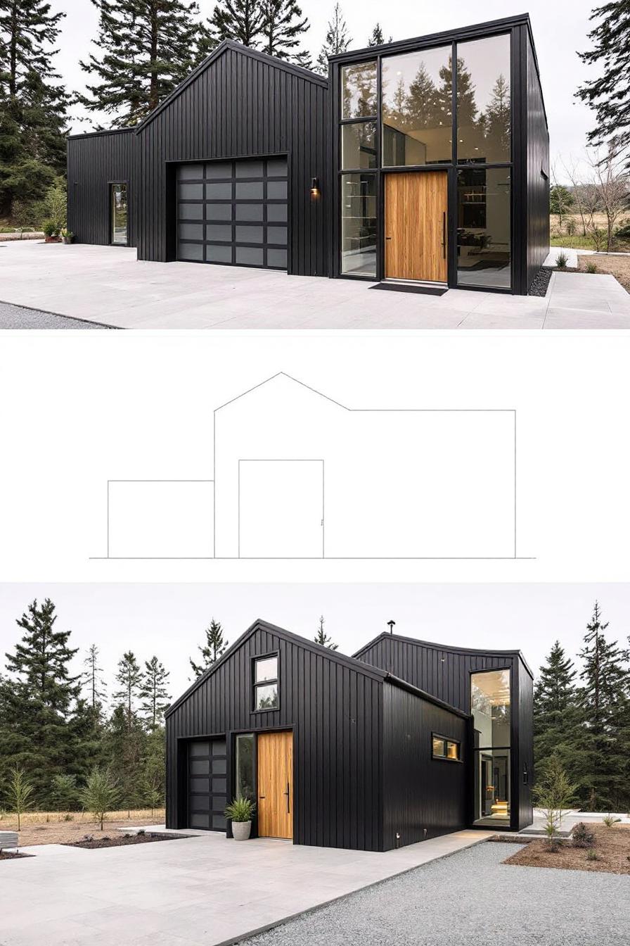 Sleek black house with large glass windows and a wooden door