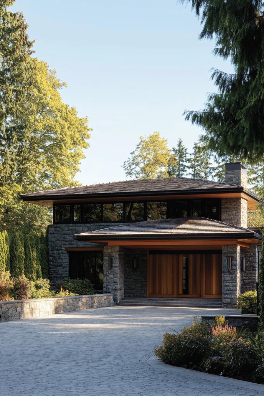 Modern stone house surrounded by lush greenery