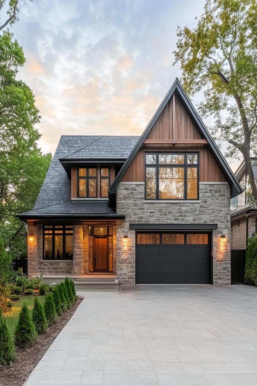 Cozy stone house with wooden accents and an A-frame roof