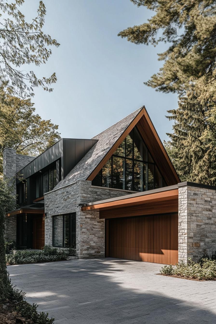 Modern stone and glass house surrounded by trees