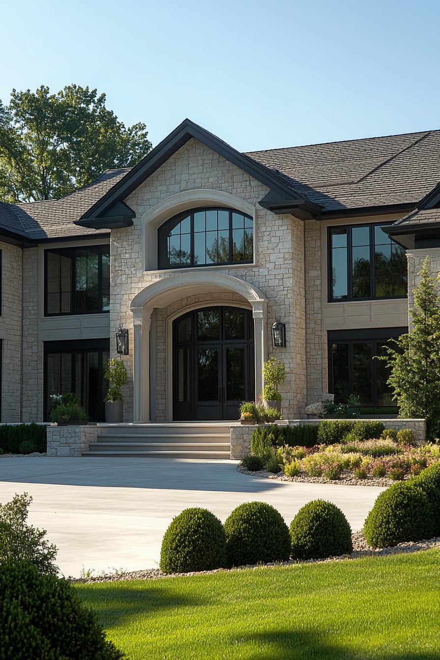 Stone house with gabled roof and manicured garden