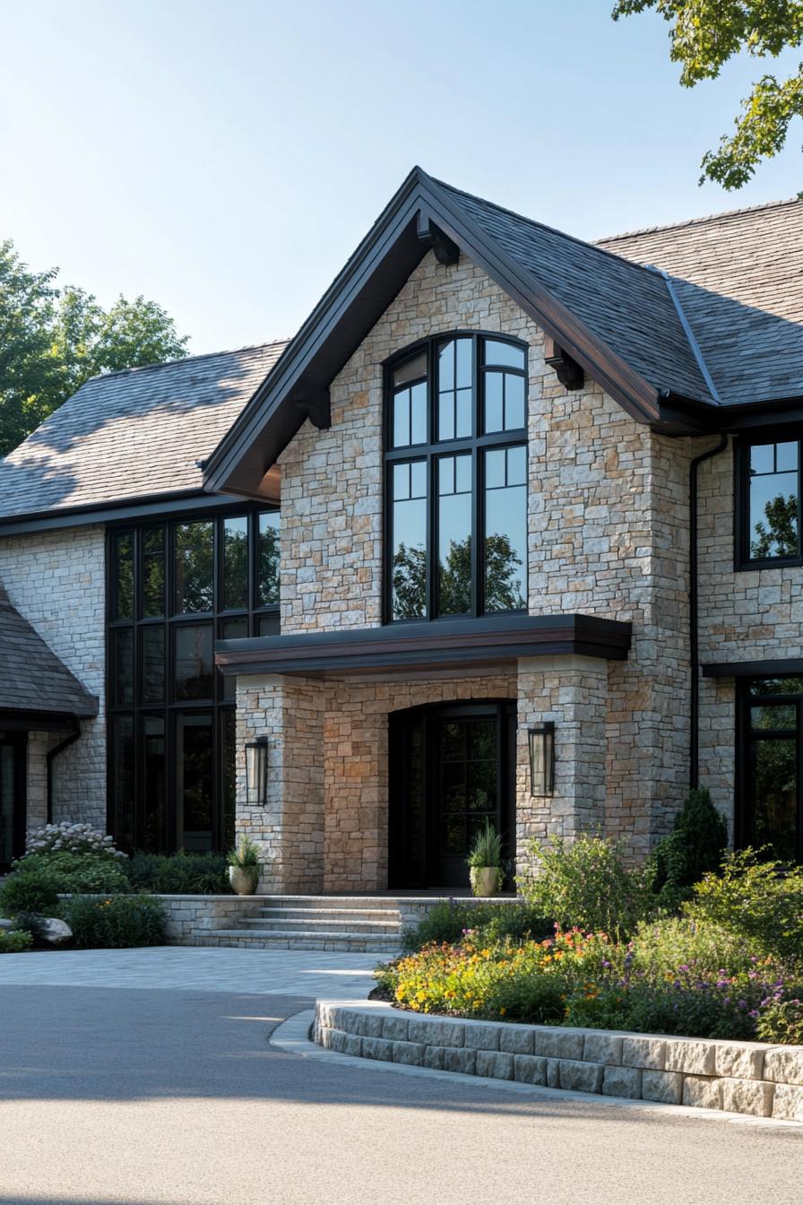 Stone house with dark framed windows and lush garden