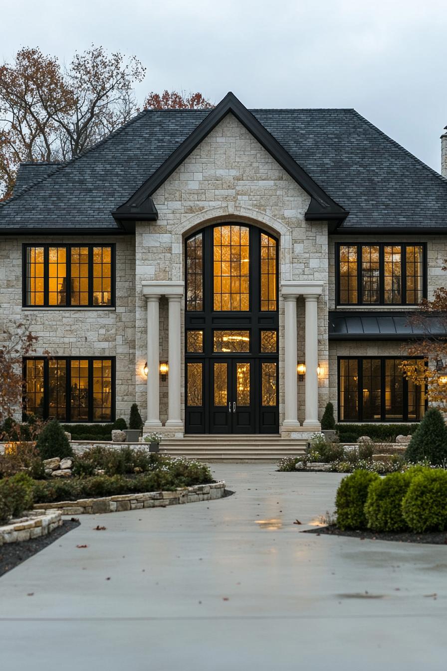 Suburban house with stone exterior and large archway