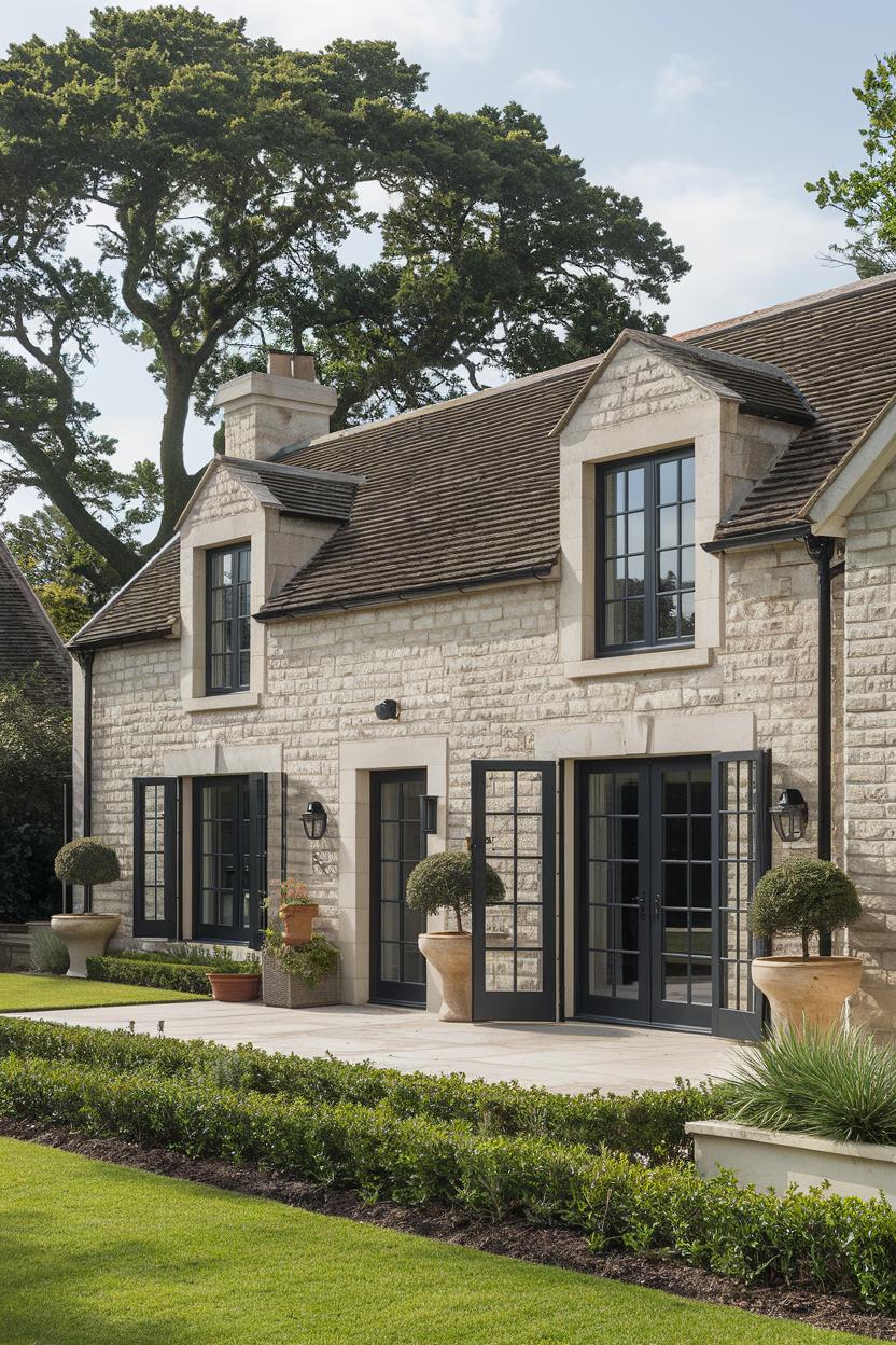 Stone cottage with potted plants and black-framed windows