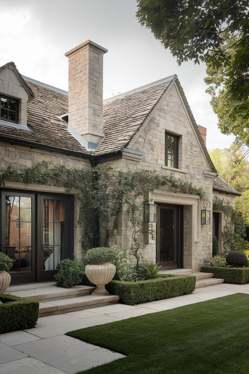 Elegant stone cottage with lush greenery