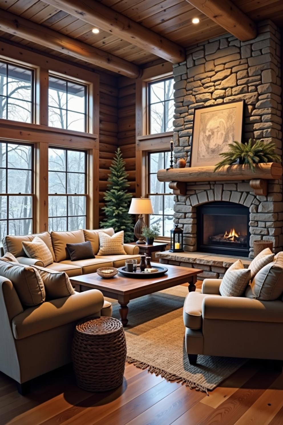 Cozy living room with fireplace and large windows