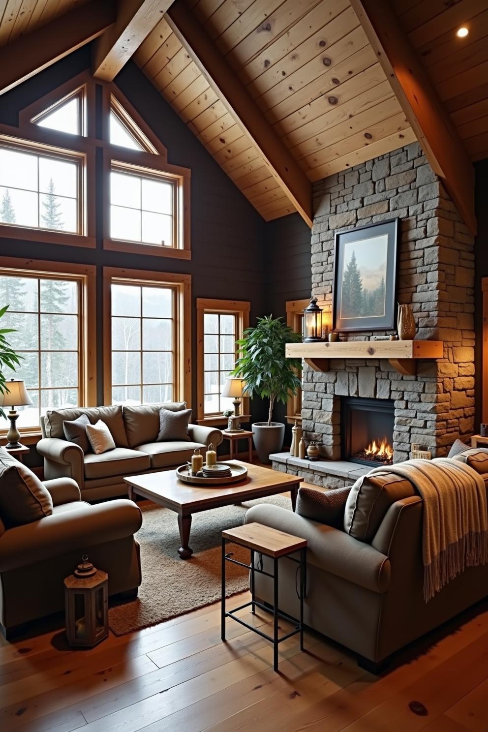 Warm living room with tall windows and a stone fireplace