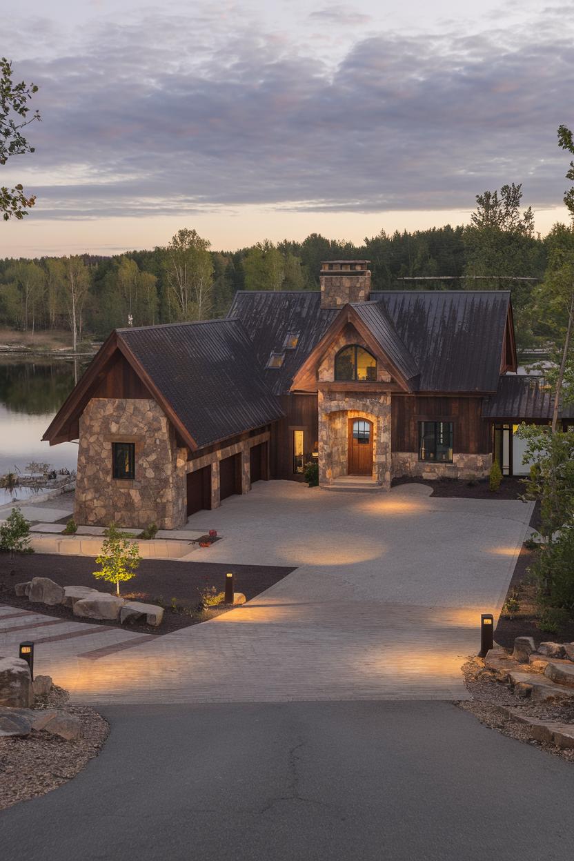 Wooden house with stone façade beside a serene lake