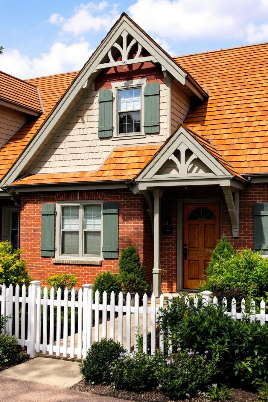 Charming suburban house with brick facade, green shutters, and a white picket fence