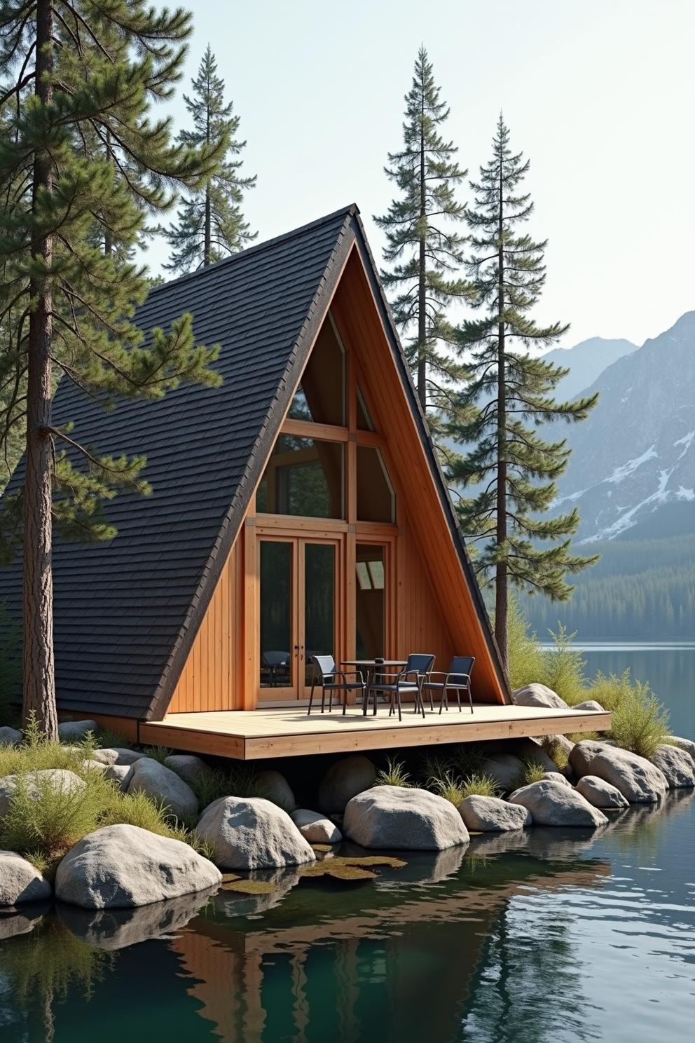 A-frame cabin by a serene lake and tall trees