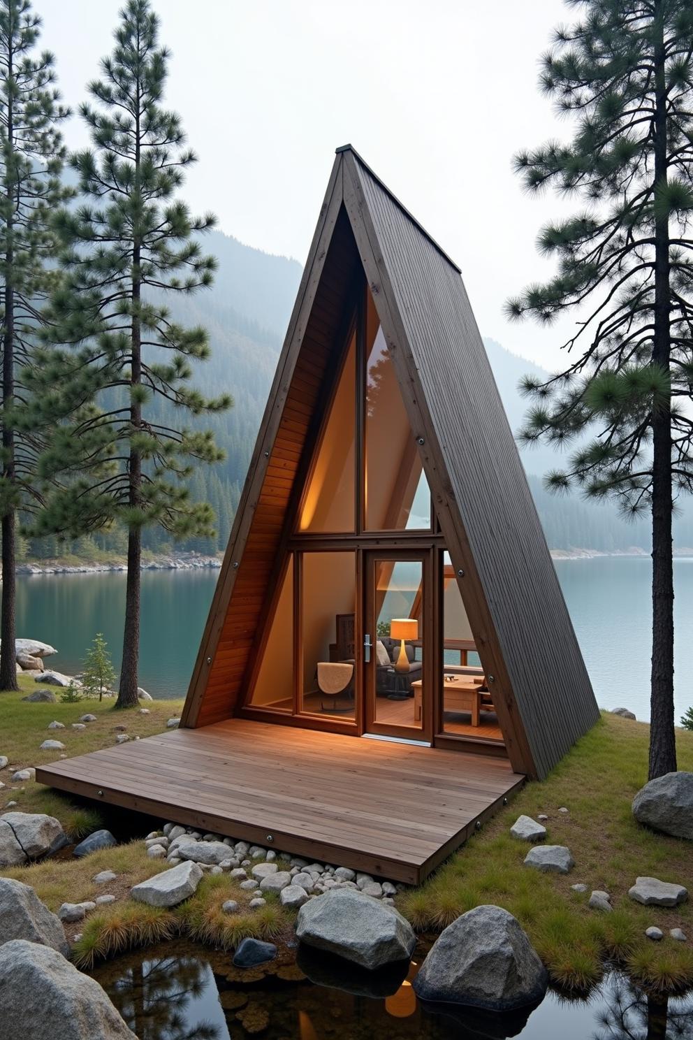 A-frame cabin by a mountain lake with pine trees