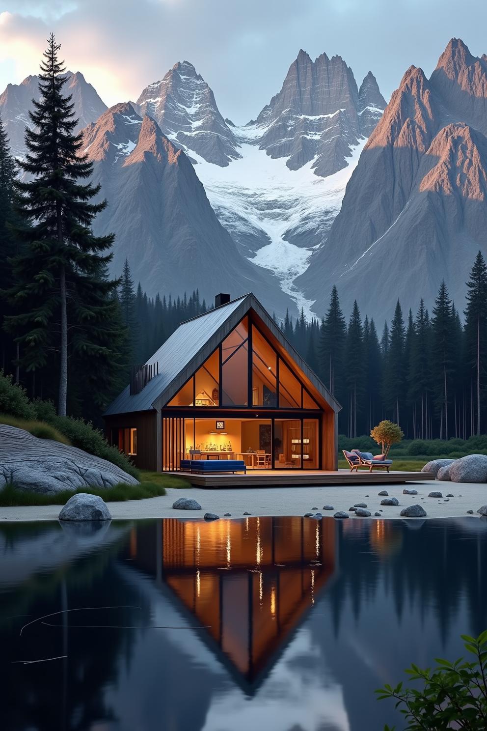 Cozy wooden cabin by a serene lake with mountain backdrop