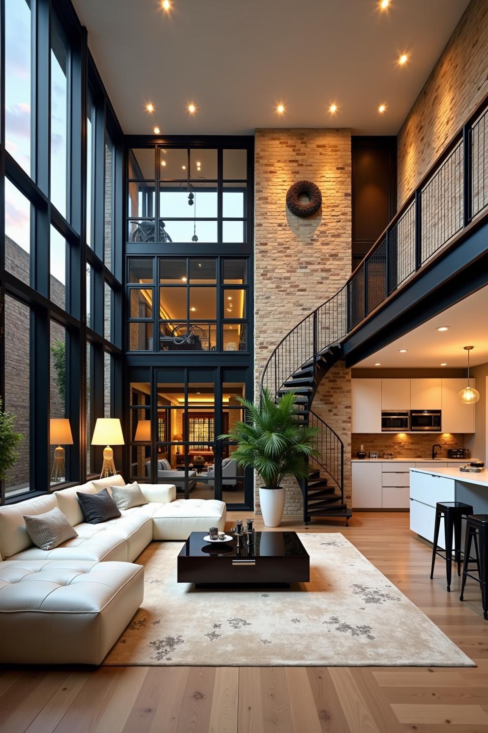 Modern loft with high ceilings, large windows, and spiral staircase