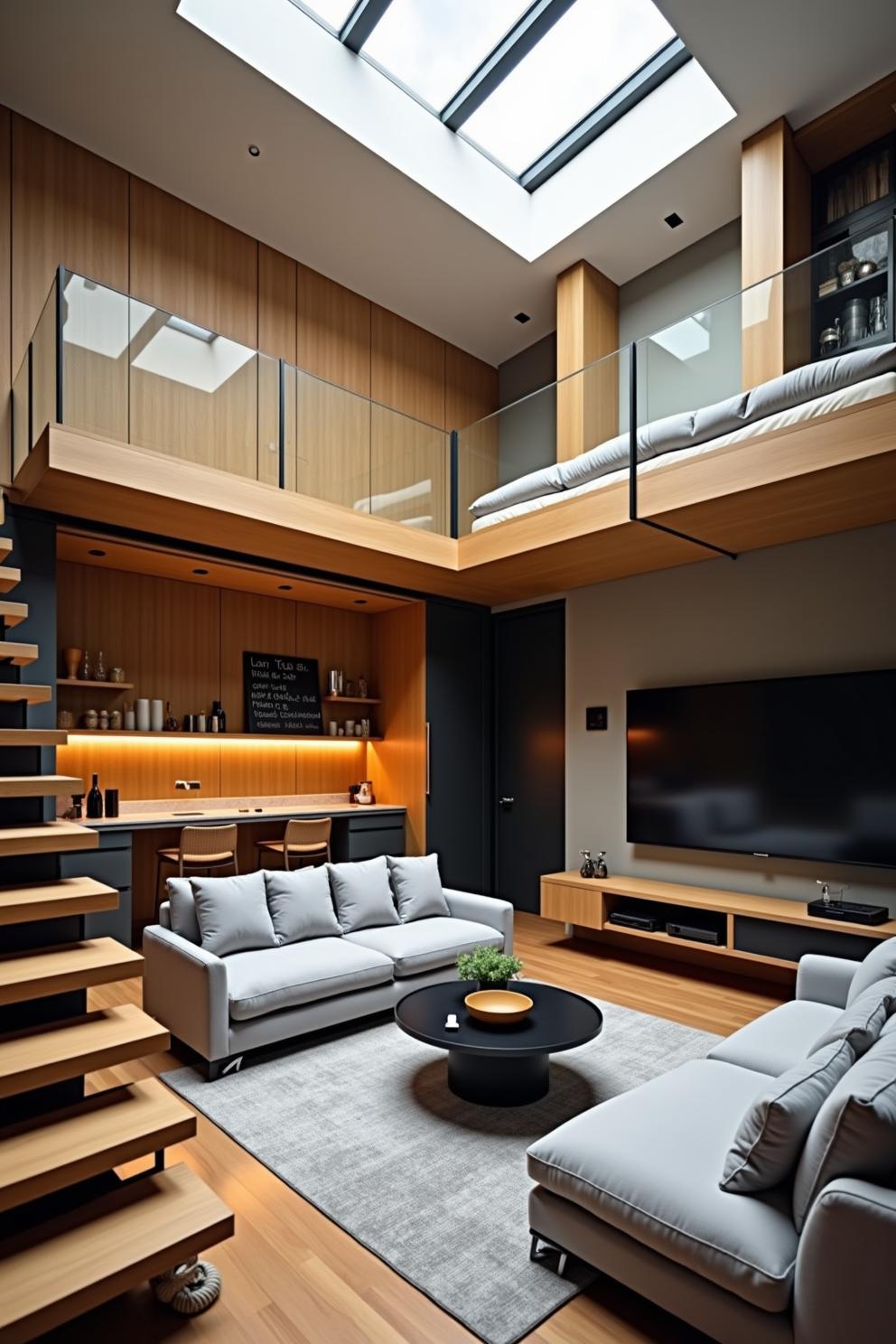 Contemporary loft interior with skylights and plush seating