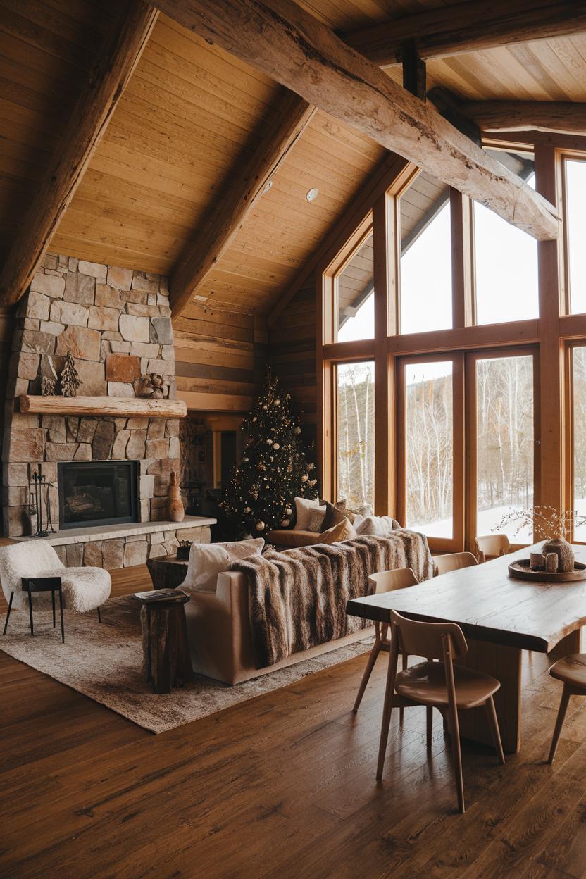 Cozy cabin interior with a stone fireplace and large windows