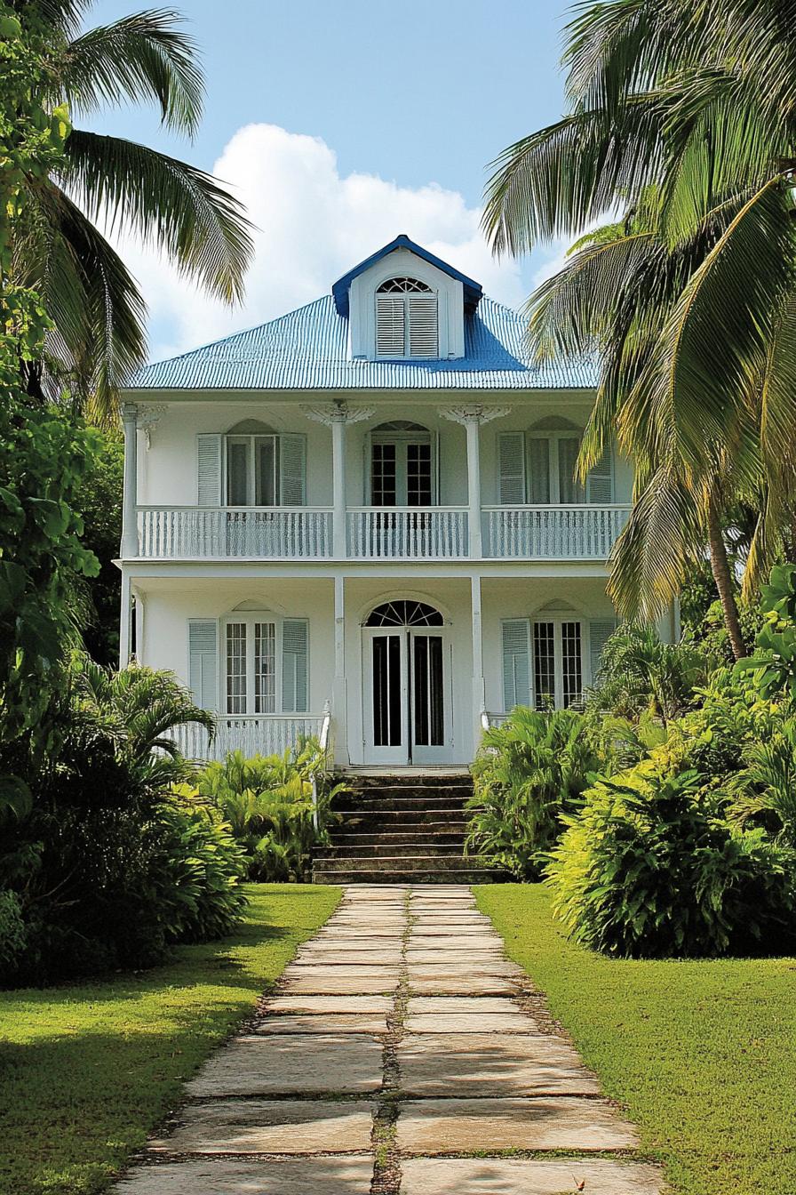 Colonial-style house with blue roof, surrounded by palm trees