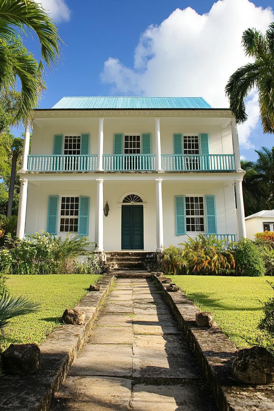 White colonial house with turquoise shutters