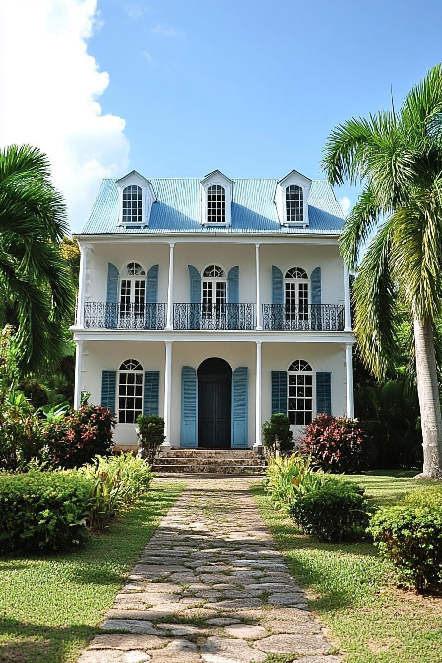 Charming colonial house with blue shutters and a pathway