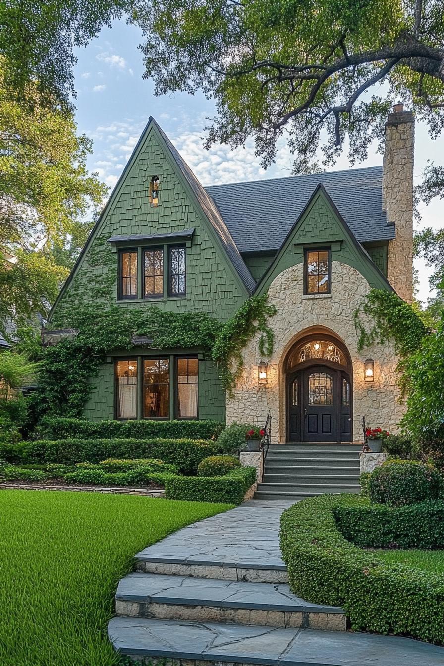 Tudor-style house with green gables and stone facade