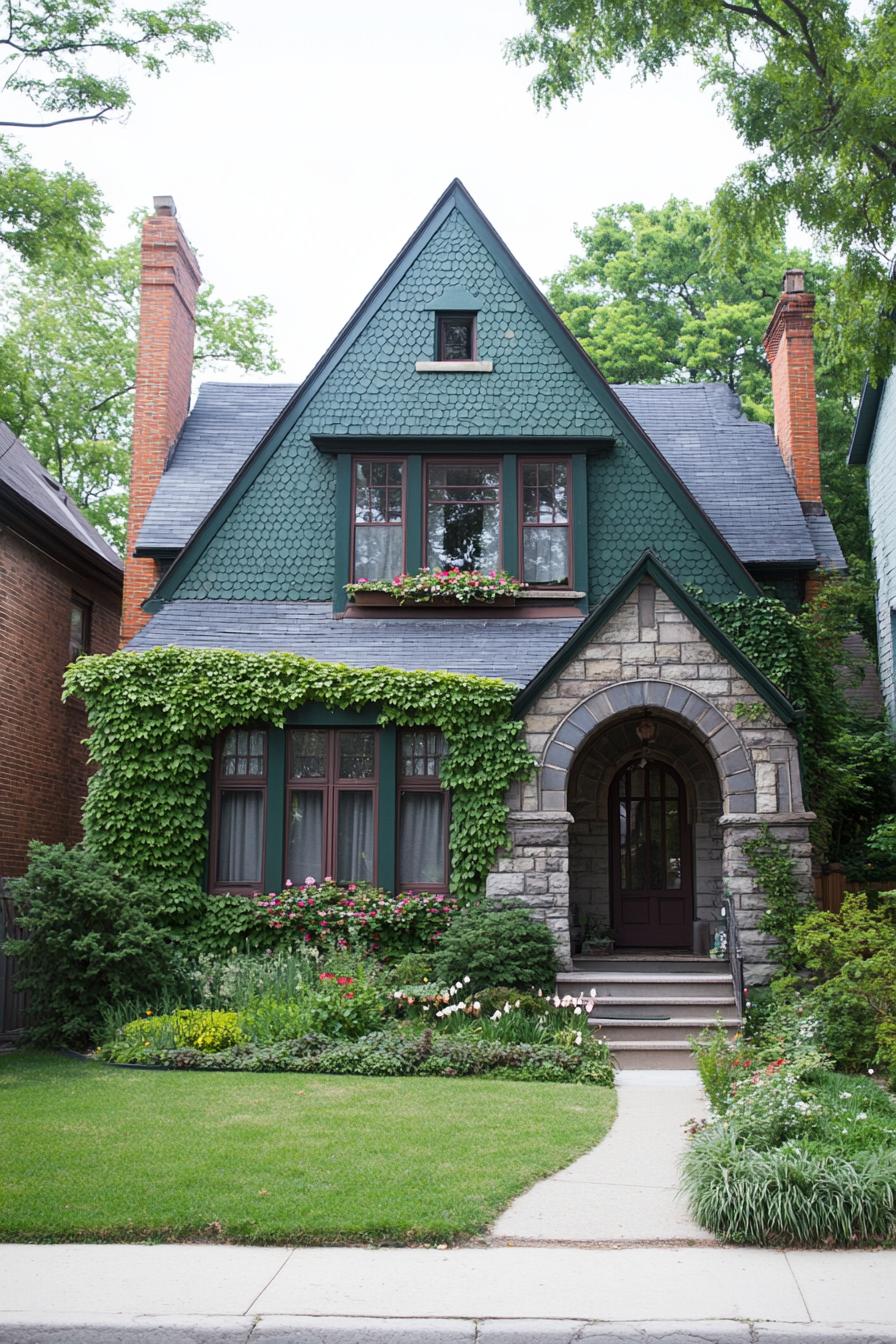 A green-shingled house adorned with ivy and a stone arched entryway