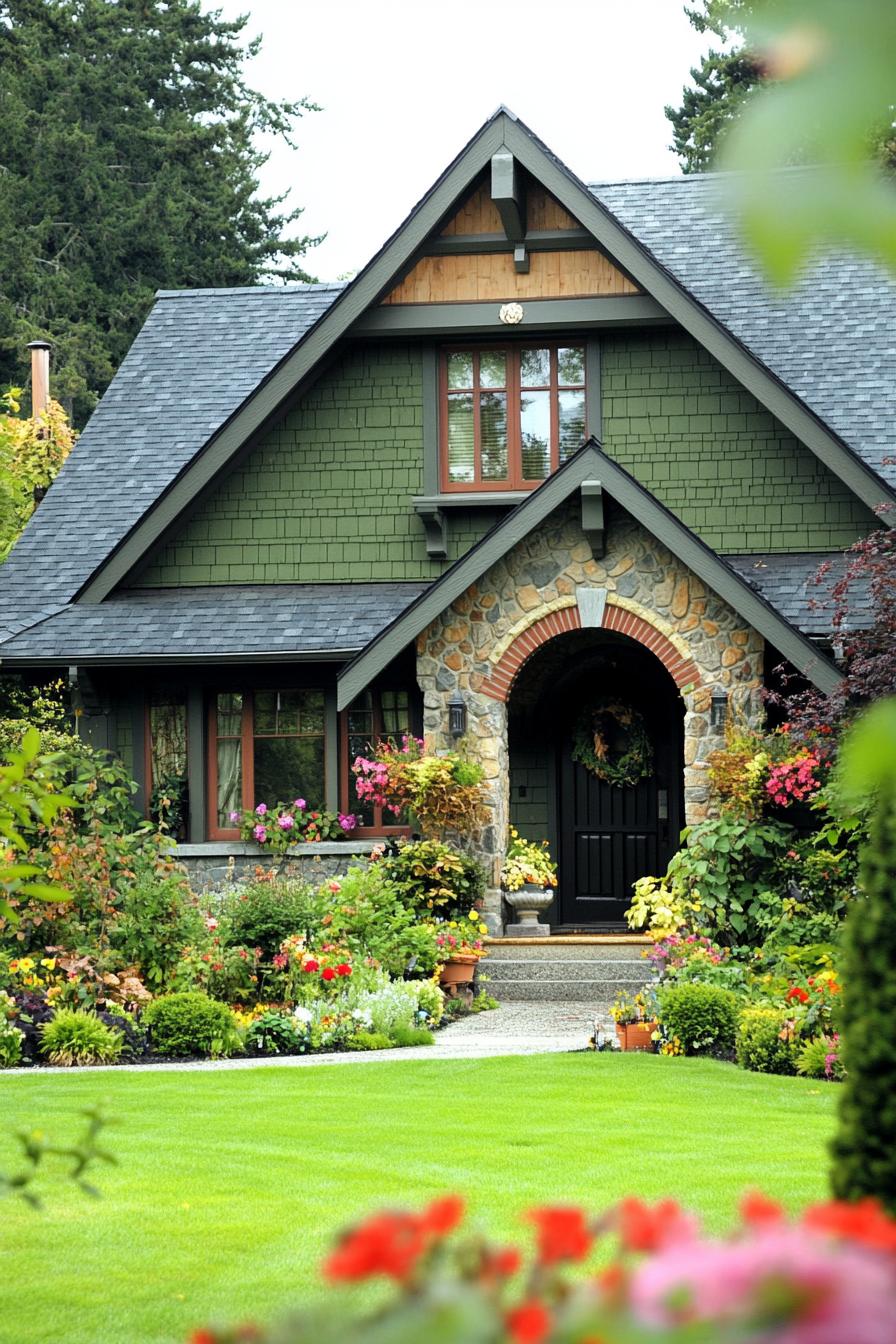 Charming house with green facade and lush garden