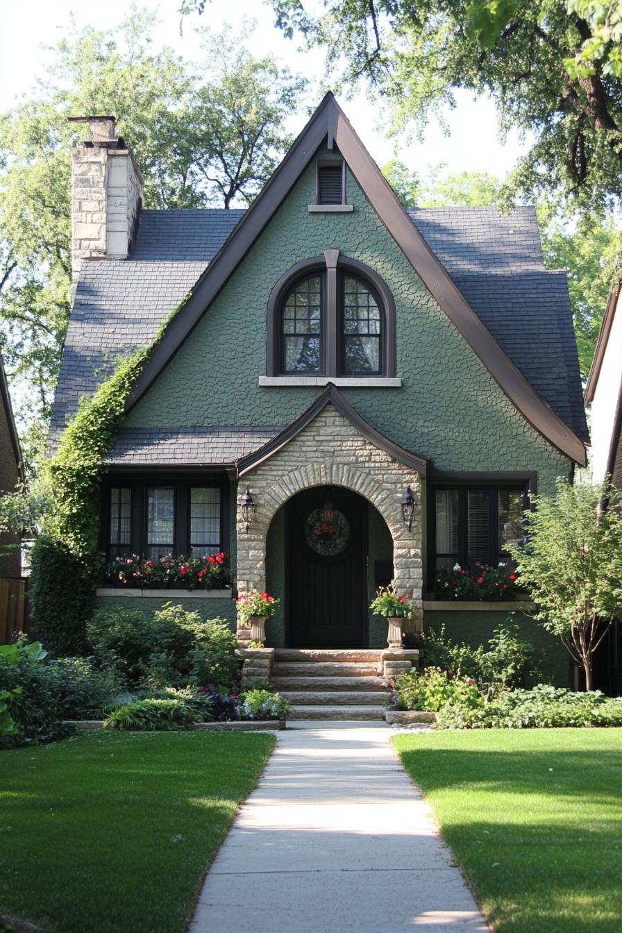 Quaint cottage with green facade and stone accents