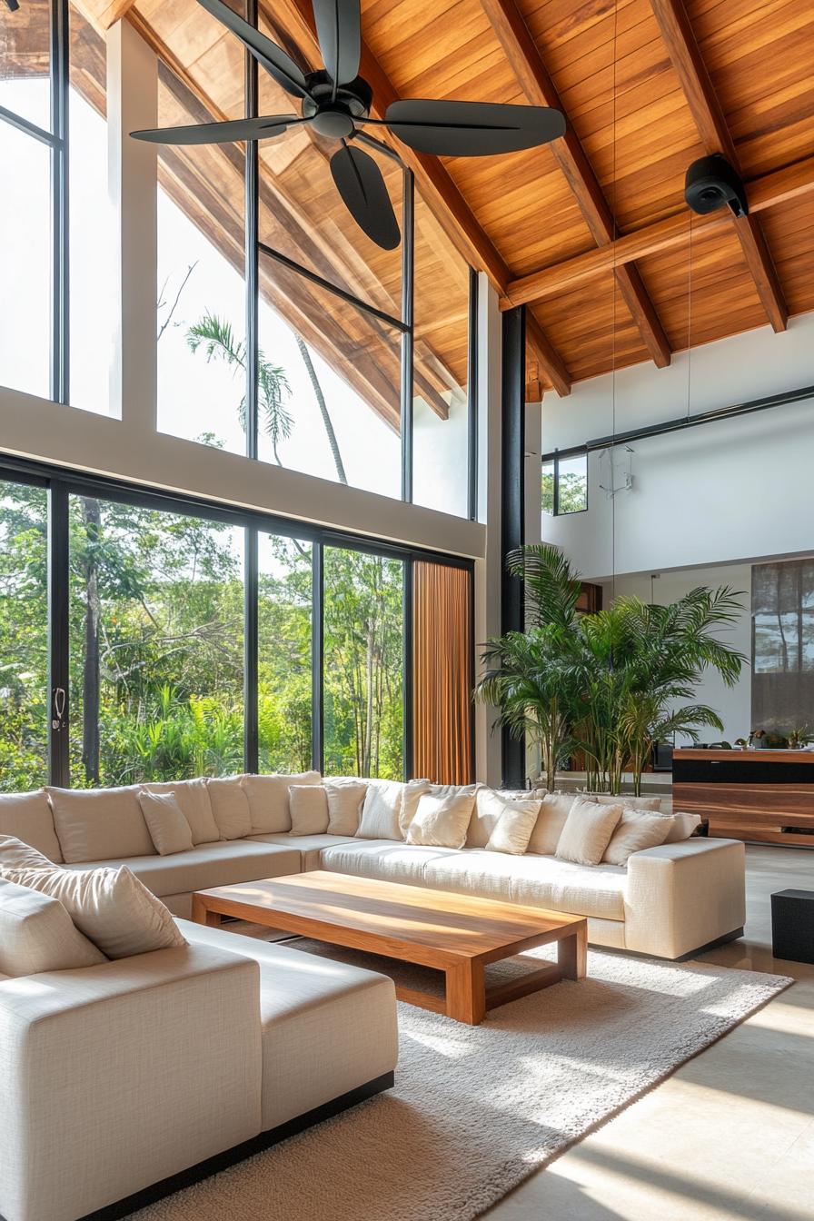 Sunlit living area with greenery and large windows