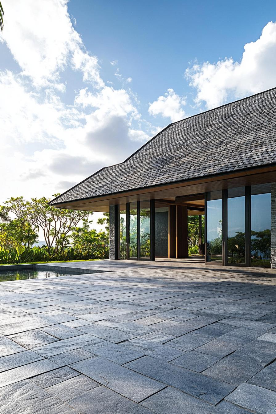 Modern Balinese house with stone patio and large glass doors