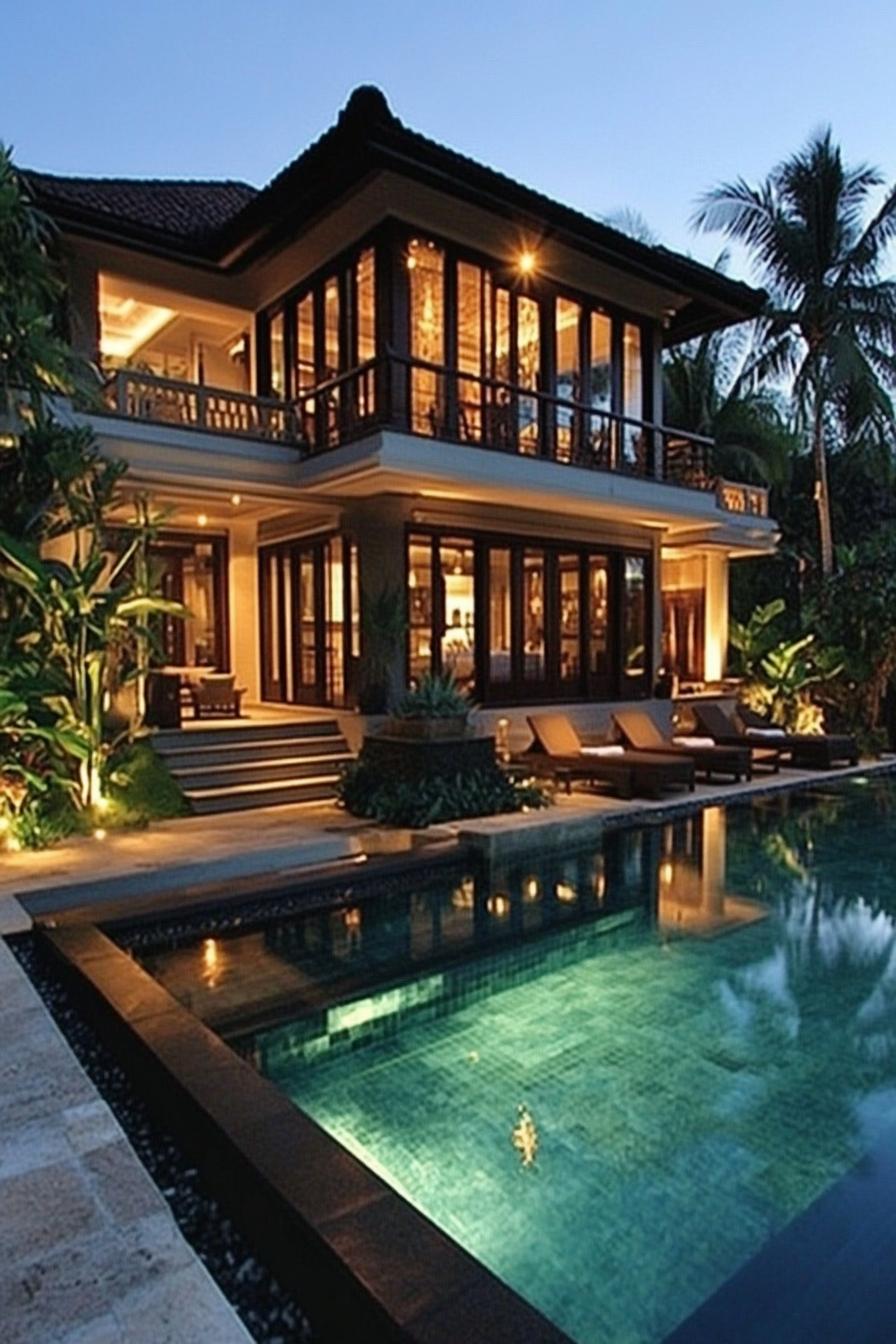 Elegant Balinese home with pool at dusk