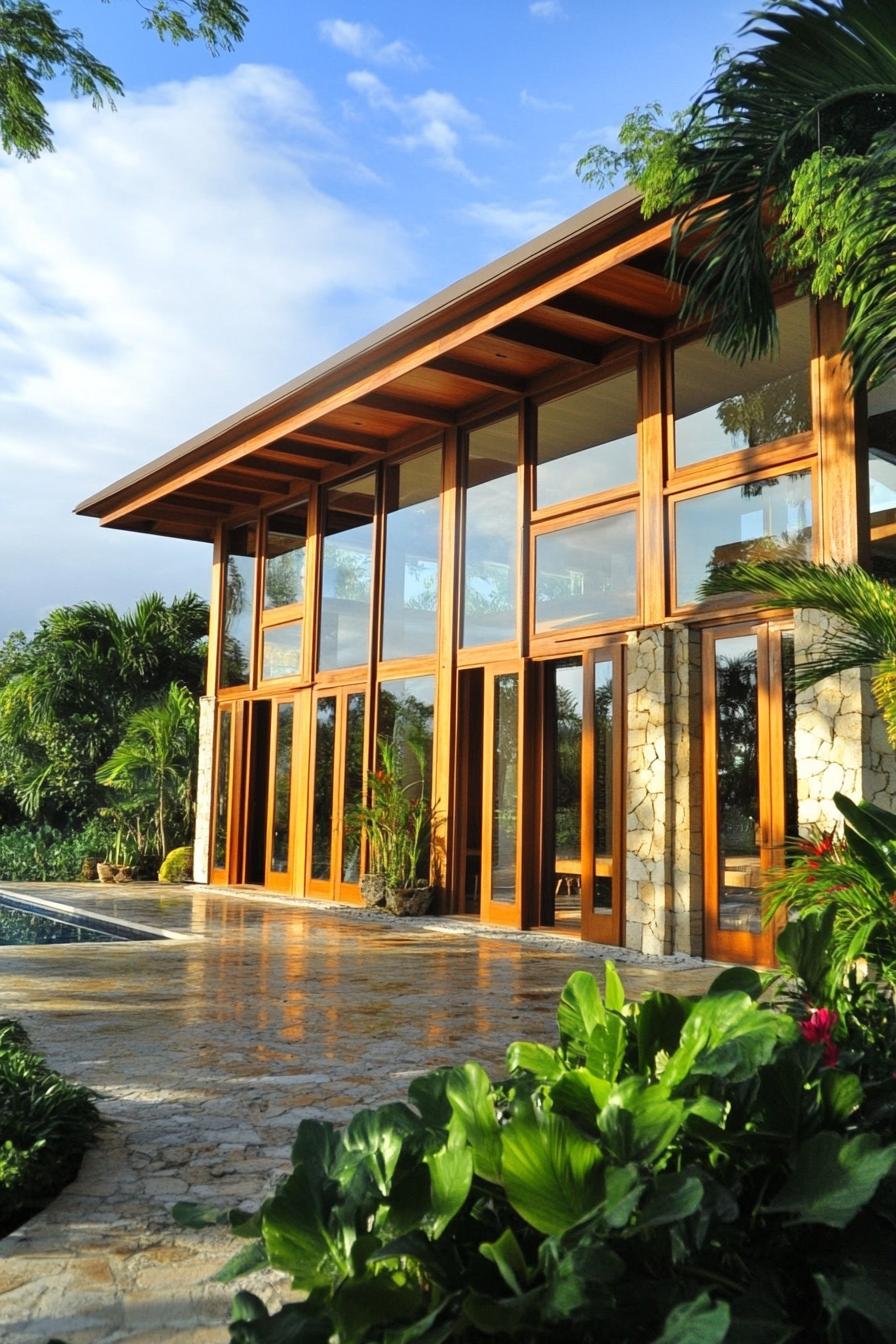 Modern tropical villa with glass walls and lush surroundings