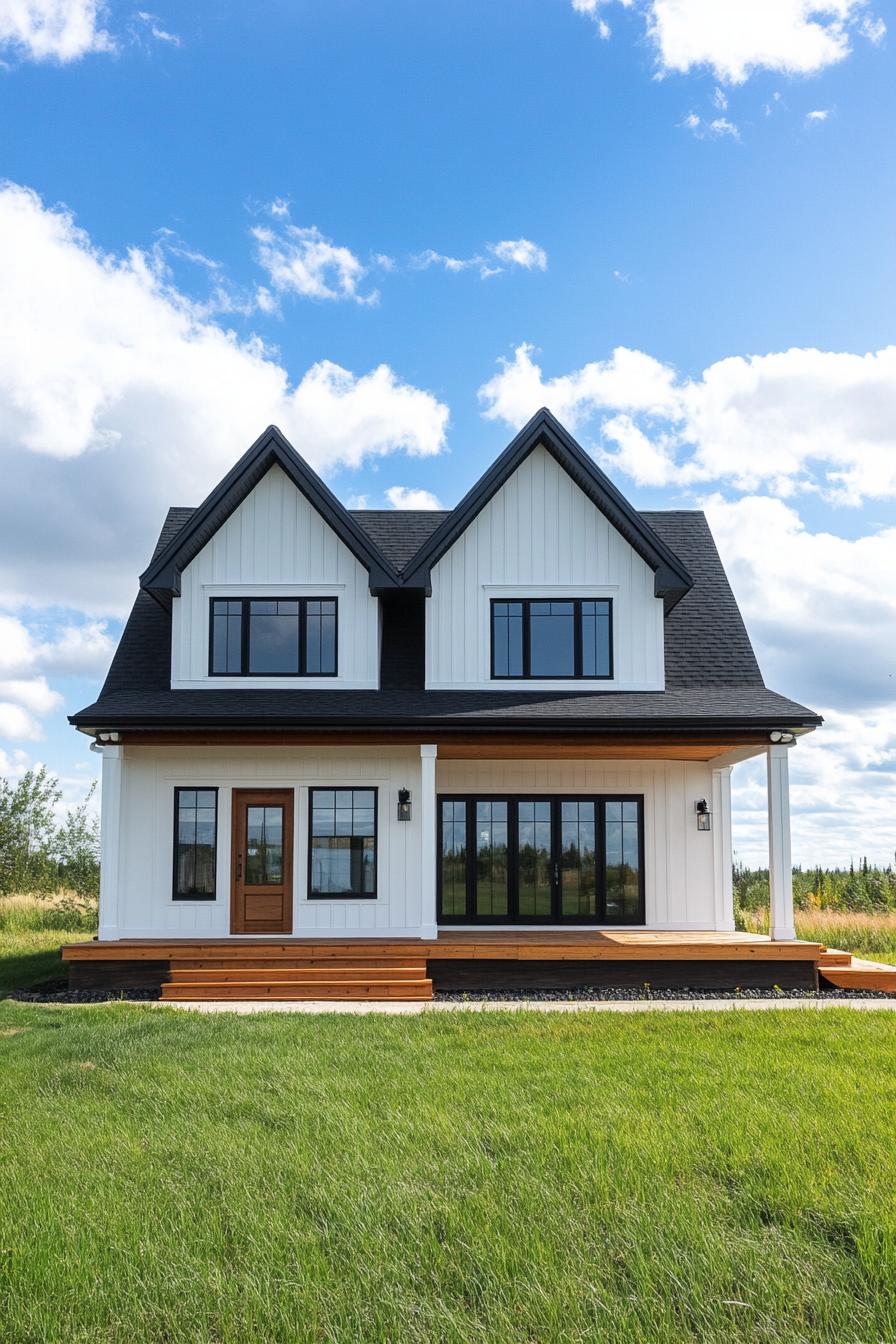 White house with black roof and large windows under a blue sky