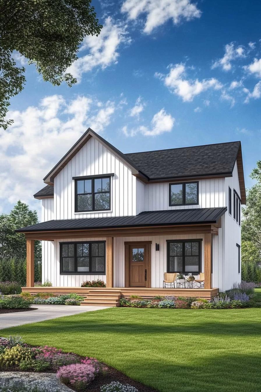 White house with wooden porch and black roof