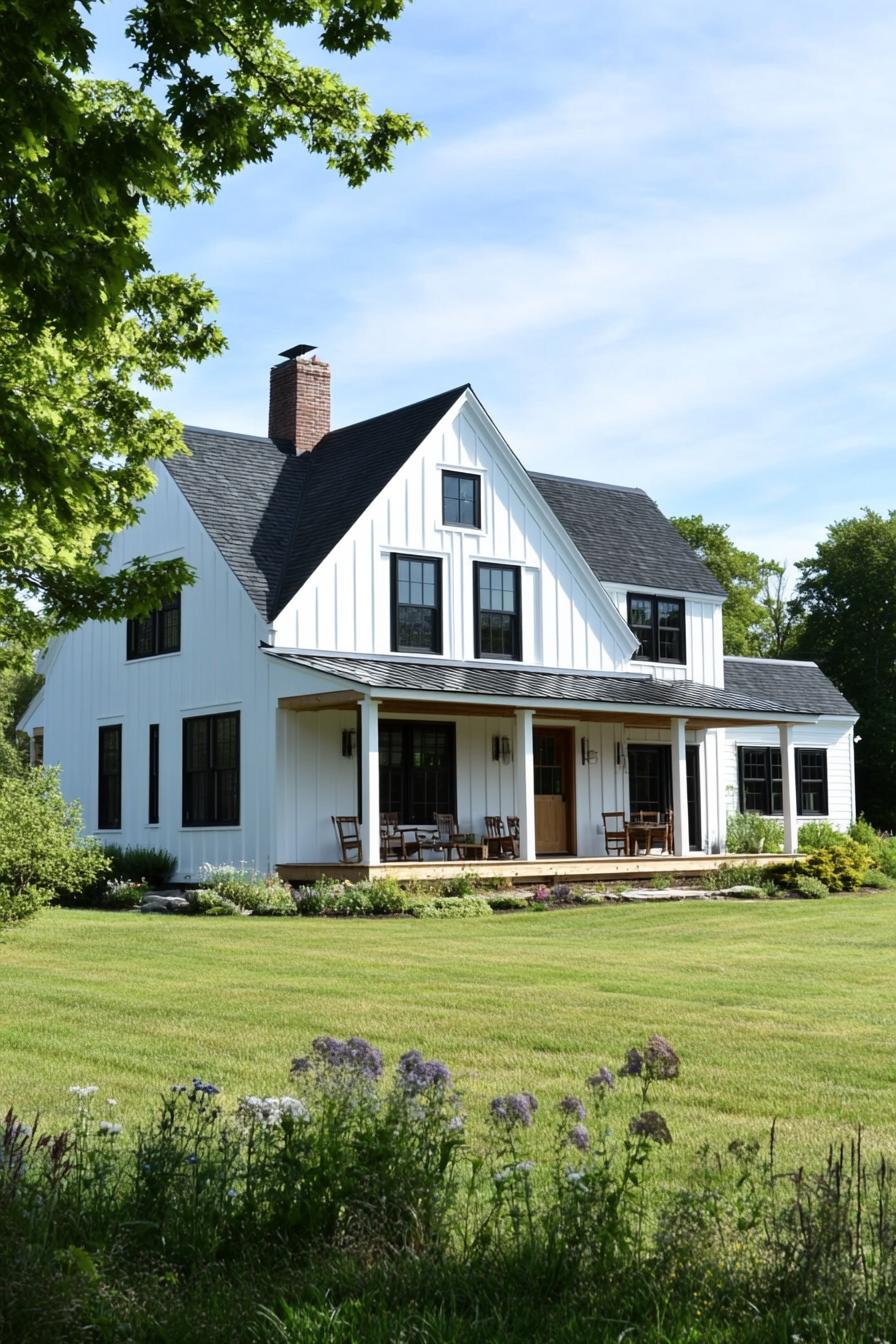 Modern white farmhouse with a wraparound porch