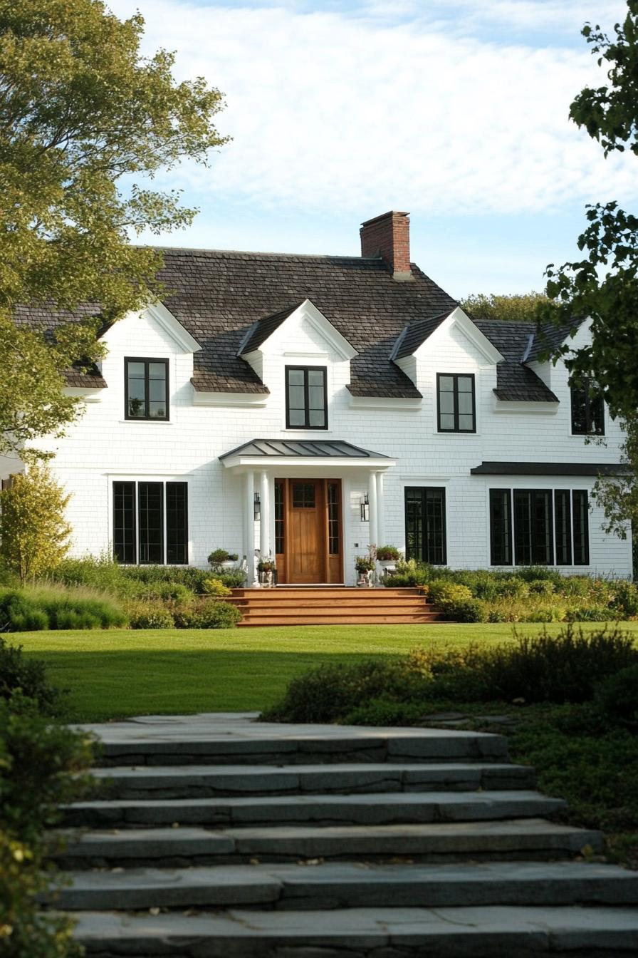 Charming white house with gable roof and wooden door