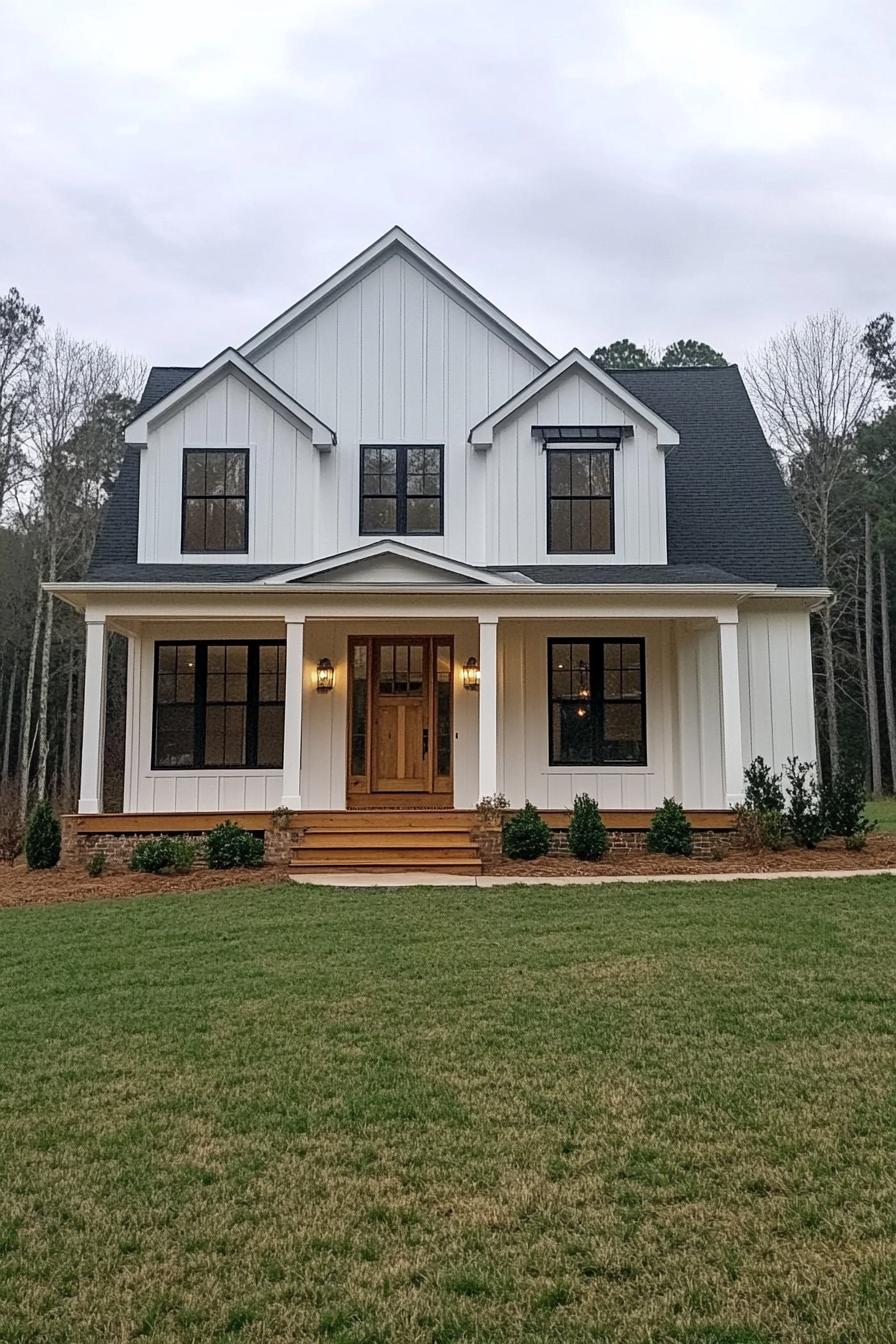 White wooden house with a cozy porch and gable roof