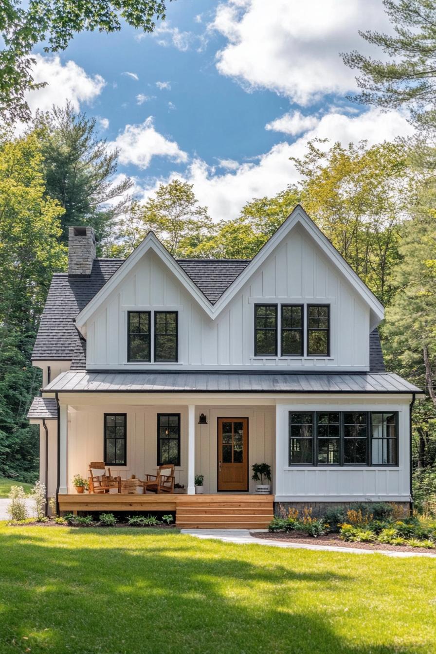 farmhouse style house with a clean white facade board and batten siding complemented by natural wood accents. It features a gabled dark shingle 6