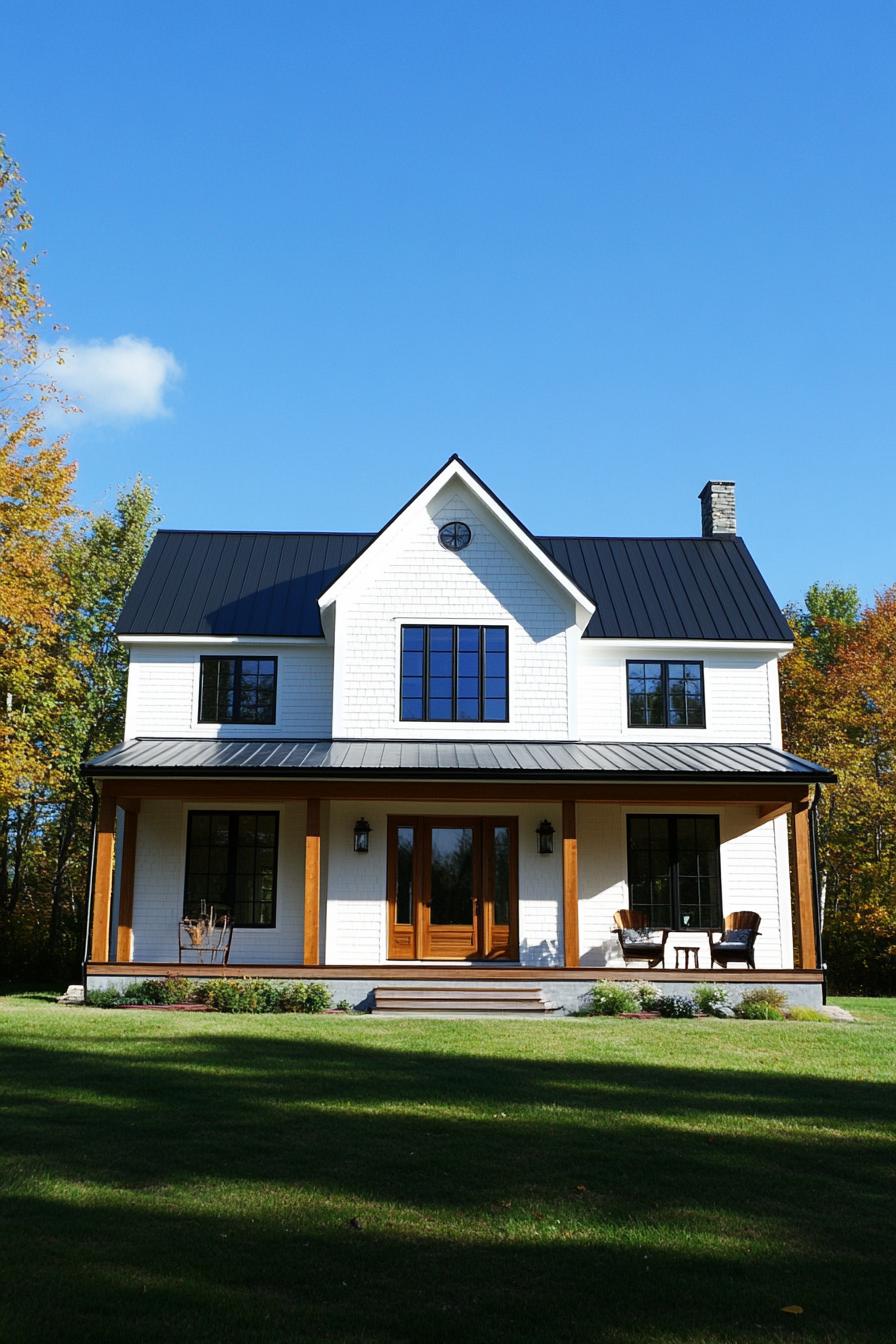 A cozy two-story house with a charming porch and large windows