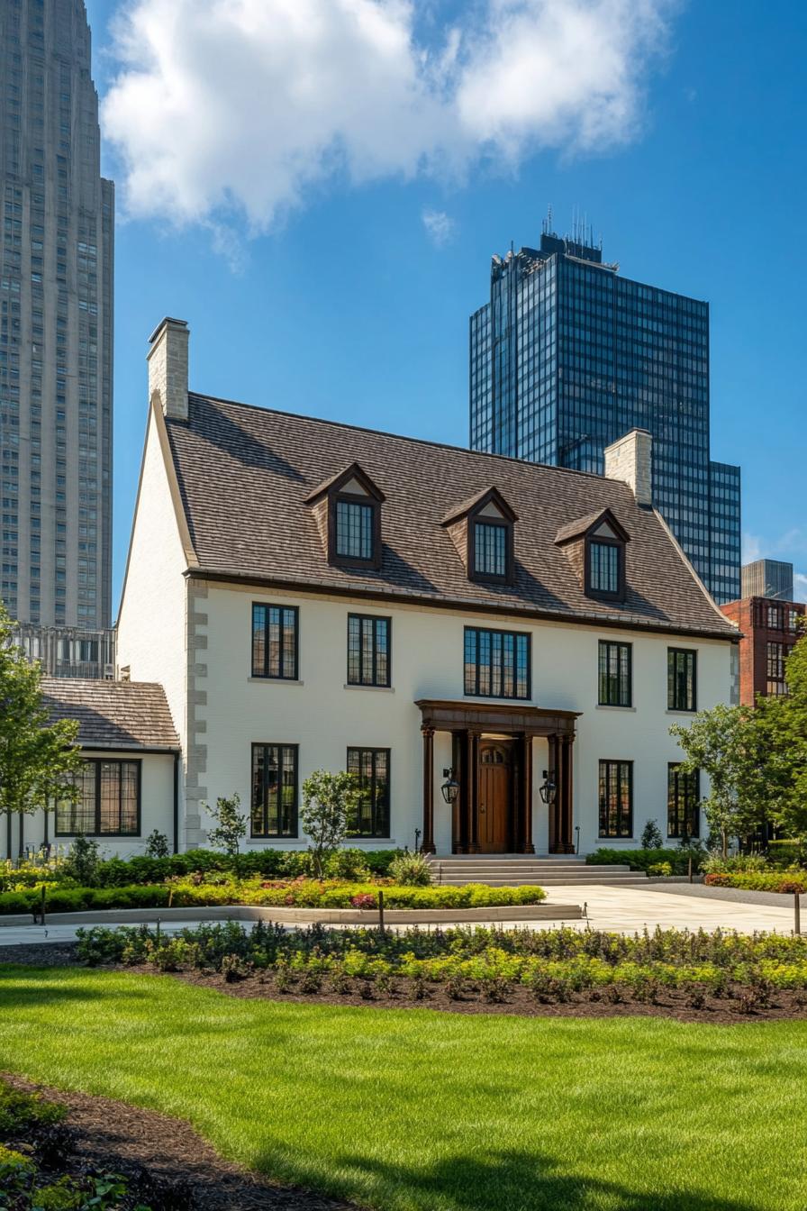 White house with classic architecture and skyscrapers in the background