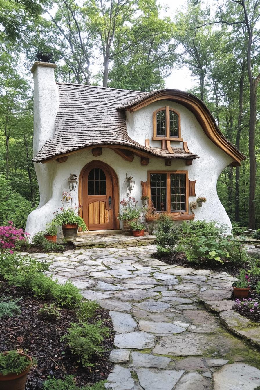 Charming cottage with curved roof in dense forest