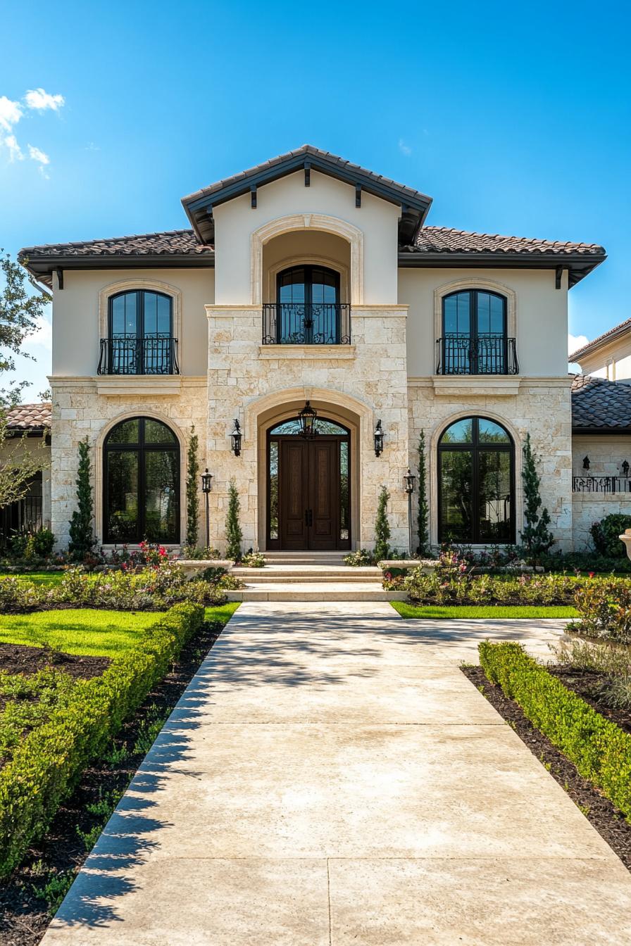 Luxurious stone house with manicured lawns