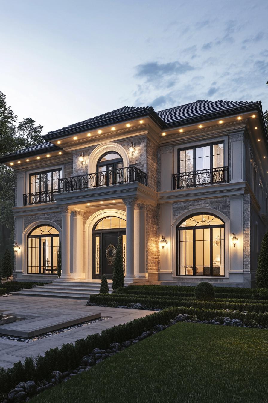 Luxurious stone mansion with elegant lighting