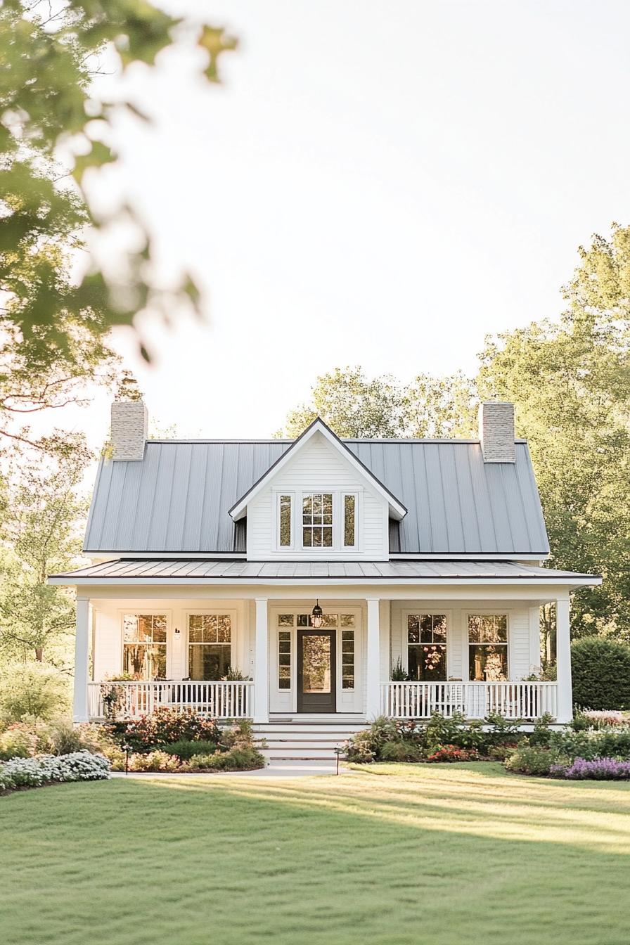 White cottage with a spacious front porch and lush garden