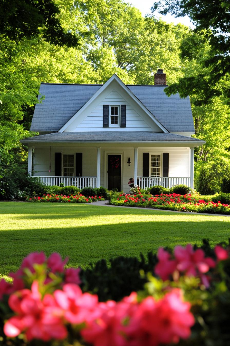 Charming cottage surrounded by bright flowers and lush greenery